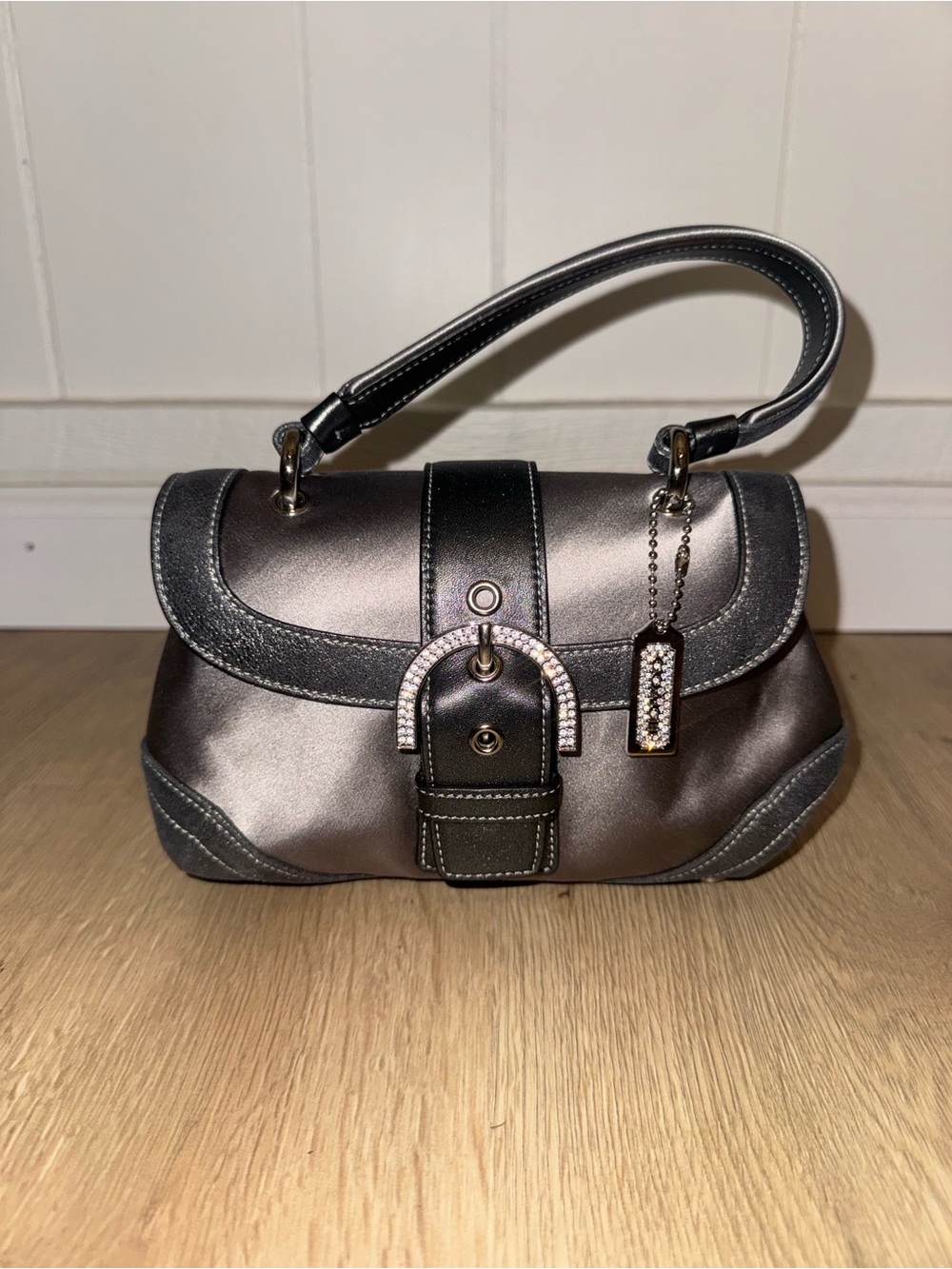 Coach Metallic Pewter Mini Shoulder Bag with Crystal Accent